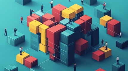 Obraz premium People Collaborating on Colorful Cubes in a Futuristic Workspace Environment