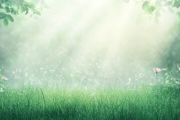 Serene Meadow Landscape with Green Grass, Wildflowers, and Soft Sunlight