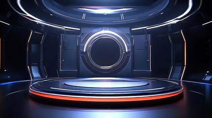 Modern Futuristic Stage with Soft Lighting and Circular Backdrop for High-Tech Presentations