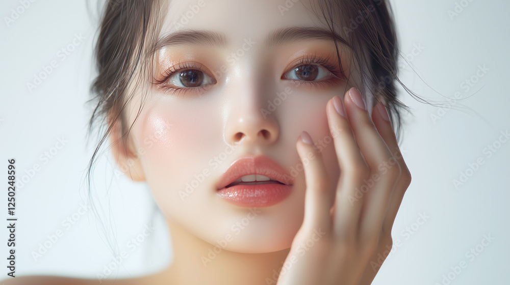 Poster 美肌の若くてかわいいアジア人女性モデルが頬に手を当てている。潤いがある美しい頬にフォーカスした美容撮影。
