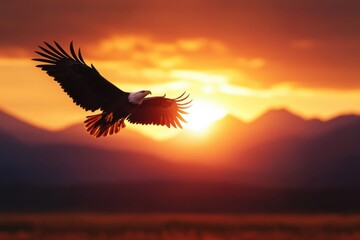 Fototapeta premium A majestic eagle soars against a stunning sunset, showcasing its wings spread wide as the sky radiates hues of orange and purple, embodying freedom.