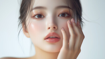 美肌の若くてかわいいアジア人女性モデルが頬に手を当てている。潤いがある美しい頬にフォーカスした美容撮影。