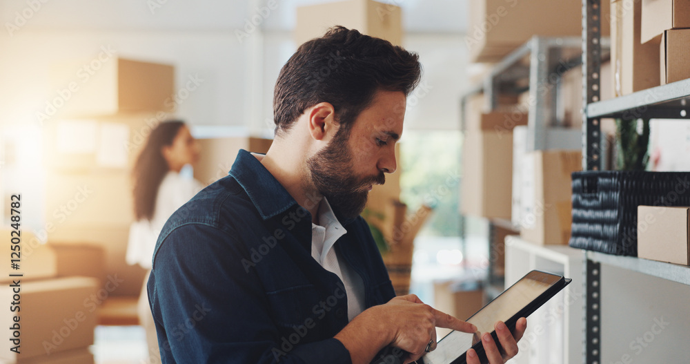 Poster man, check and tablet with boxes for distribution of online orders, inventory checklist and stock sh