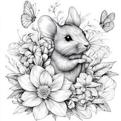 cute mouse surrounded by intricate floral designs and butterflies, perfect for adult coloring books, showcasing detailed line art and nature inspired elements