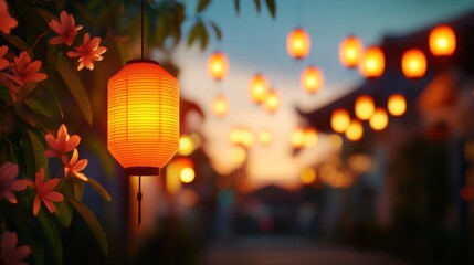A serene evening scene featuring traditional lanterns glowing softly against a twilight backdrop, surrounded by vibrant flowers, evoking a peaceful ambiance.