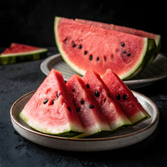 slices of ripe watermelon in a plate on dark