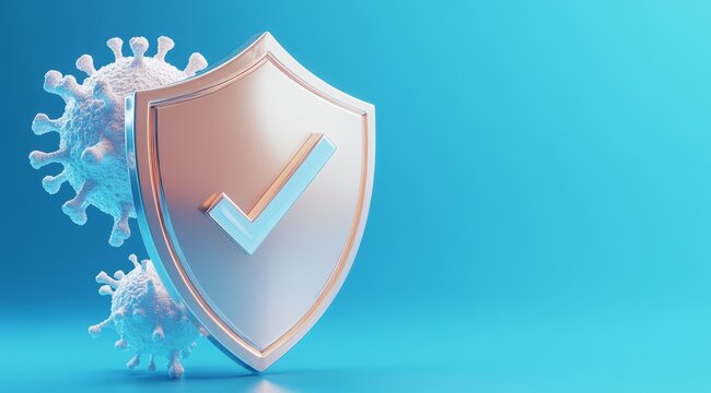 Shield protecting from viruses on a blue background