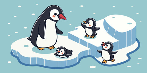 Cute cartoon penguins, ice floe, igloo, playful poses, snowy background, flat illustration style, pastel blue color palette, minimalist design, children's book illustration, vector art,