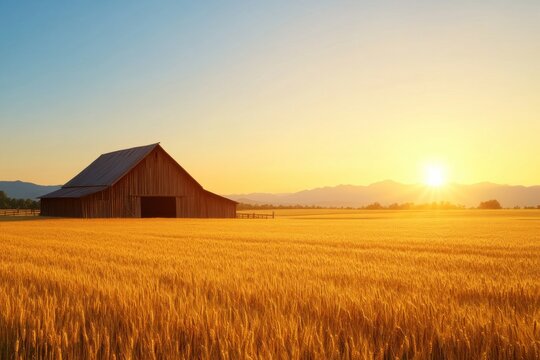 A serene sunset over a golden wheat field with a rustic barn in the foreground, capturing the beauty of rural life and nature's tranquility.