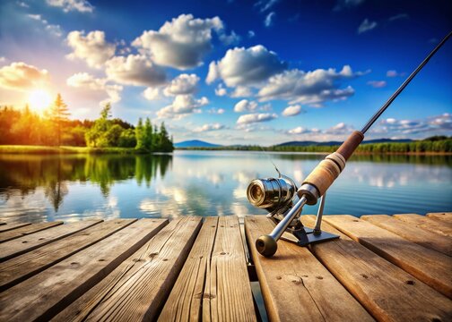 Olta Fishing Rod & Reel on Wooden Dock with Copy Space - Summer Outdoors