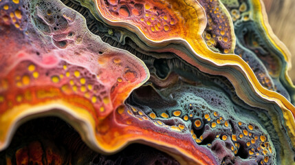 Obraz premium close-up image of natural colorful mushroom fungi with detailed spores
