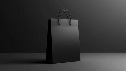 Blank black paper shopping bag on dark background. Perfect for mockups, branding, or e-commerce product presentations.