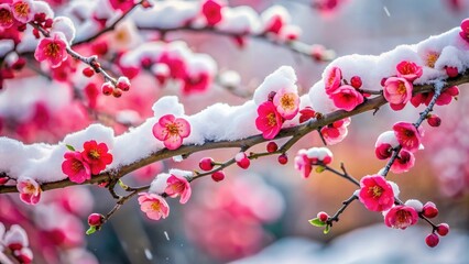 A delicate close-up of a snow-covered branch displaying vibrant red plum blossoms with intricate details and textures, set against a serene winter background , winter, nature