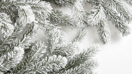 Snowy Pine Branches on White Background Festive Winter Holiday Decoration Detail