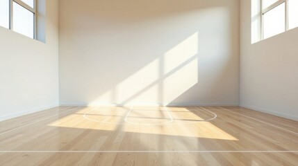 Obraz premium Empty Room with Hardwood Floor and Court Lines Basking in Sunlight