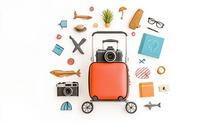 Vibrant travel essentials arranged around a bright suitcase with cameras and accessories