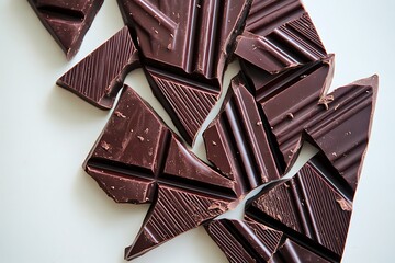 A geometric flat lay of dark chocolate bars cut into various angular shapes, arranged on a white surface.