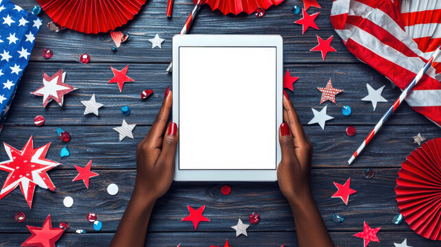 A mockup of a laptop in women's hands against the background of a wooden table littered with traditional festive American decorations in honor of Independence Day of the USA