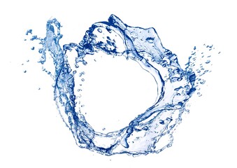 白い背景に流れる青い波と水しぶきの3dイラスト