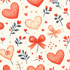 A charming pattern of hearts and flowers in vibrant red and soft hues against a light background.