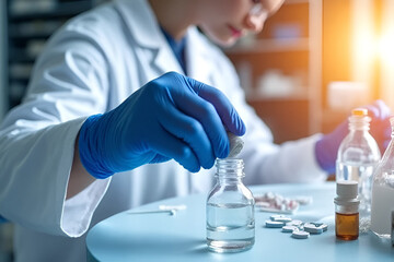 Fototapeta premium Scientist hands close-up nanomaterial nanotec nanotechnology conducting research fiber microfiber microbiology medicine healthcare pharma production lab laboratory science chemistry genetic genes