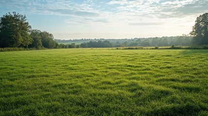 Fototapeta premium Serene Green Pasture at Sunrise A Tranquil Landscape with Mist and Dew.