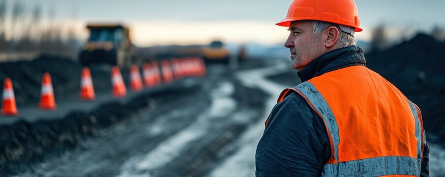Focused Engineer in high-visibility vest inspecting cone placement at construction site for safety and precision Ensuring optimal traffic flow and worker protection Professional civil engineer