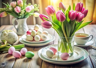 Obraz premium Panoramic Easter Table Setting: White Eggs & Tulips