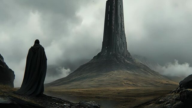 Dark landscape with a cloaked figure near a towering monolith against a stormy sky