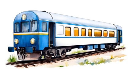 Fototapeta premium Vintage Style Train Car on Tracks with Blue and White Exterior, Natural Surroundings Featuring Grass and Simple Details for Transportation Concepts