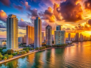 Fototapeta premium Panoramic Miami Beach Skyscrapers: Stunning Florida Cityscape at Sunset