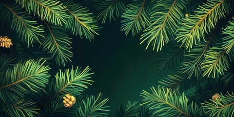 Elegant Hand-Painted Christmas Green Pine Branches and Pinecones Frame on Dark Green Background.