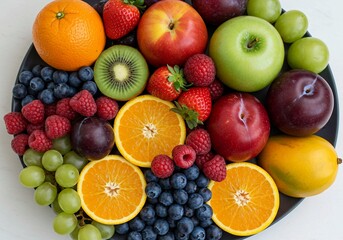 From juicy oranges to plump blueberries, this collection of fresh fruits, arranged symmetrically against a dark backdrop, offers a visual guide to nutritious eating