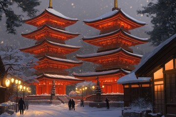 Fototapeta premium A serene winter scene featuring illuminated pagodas surrounded by snow, creating a peaceful ambiance.