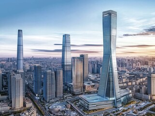 Aerial View of Shanghai Skyscrapers Under Colorful Sunset with Urban Vibes