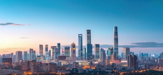 Obraz premium Stunning Skyline of Shanghai at Dusk with Illuminated Skyscrapers and Tranquil Atmosphere