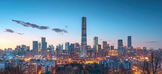 Stunning Skyline of Beijing at Dusk with Twinkling City Lights and Majestic Skyscrapers