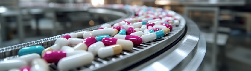 High-speed conveyor belt system transporting colorful pharmaceutical capsules through automated sorting machines in a modern pharmaceutical factory Witness the efficiency of mass production in the