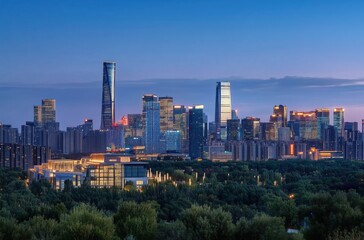 Obraz premium Stunning Beijing Skyline Illuminated at Dusk with Vibrant City Lights and a Calm Atmosphere