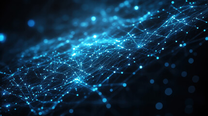 Abstract blue background with glowing connections and data points forming intricate patterns on a dark backdrop