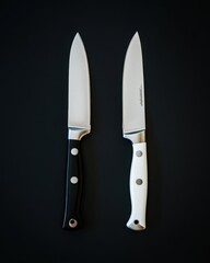 Two chef's knives, black and white handles, studio shot