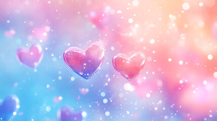 A dreamy scene with floating hearts amid a colorful background of soft hues.