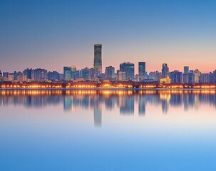 Obraz premium Stunning Skyline Reflection at Dawn with Soft Blue Hues Over a Serene River