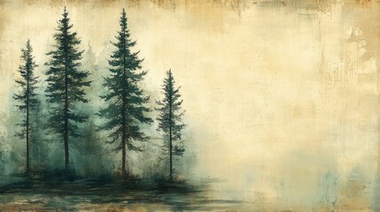 Obraz premium Serene forest landscape with tall evergreen trees against a soft, muted background