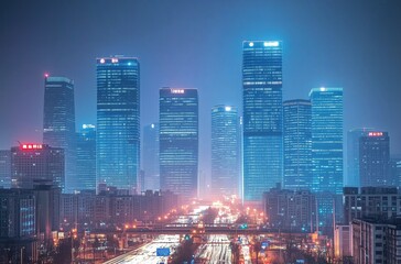 Obraz premium Illuminated Skyscrapers Glowing in Urban Nightscape with Misty Atmosphere