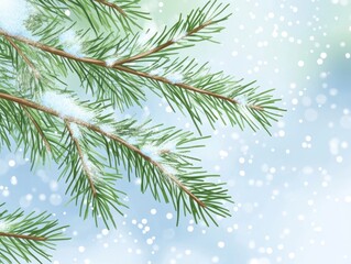 Obraz premium Winter Pine Branches with Snowfall Illustration on Light Blue Background.