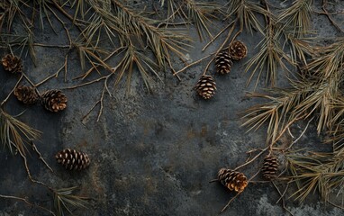 Rustic Autumn Composition Dried Pine Branches and Cones on Dark Textured Stone Background