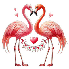 Fototapeta premium Two flamingos in love, surrounded by hearts and a decorative banner.