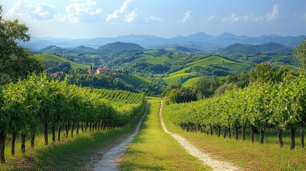 Obraz premium Scenic vineyard landscape with lush green rows, rolling hills, and distant mountains under blue sky
