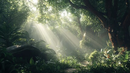 Fototapeta premium Sunlit Path Through a Lush Tropical Rainforest Captivating Nature Scene with Sunlight and Greenery.